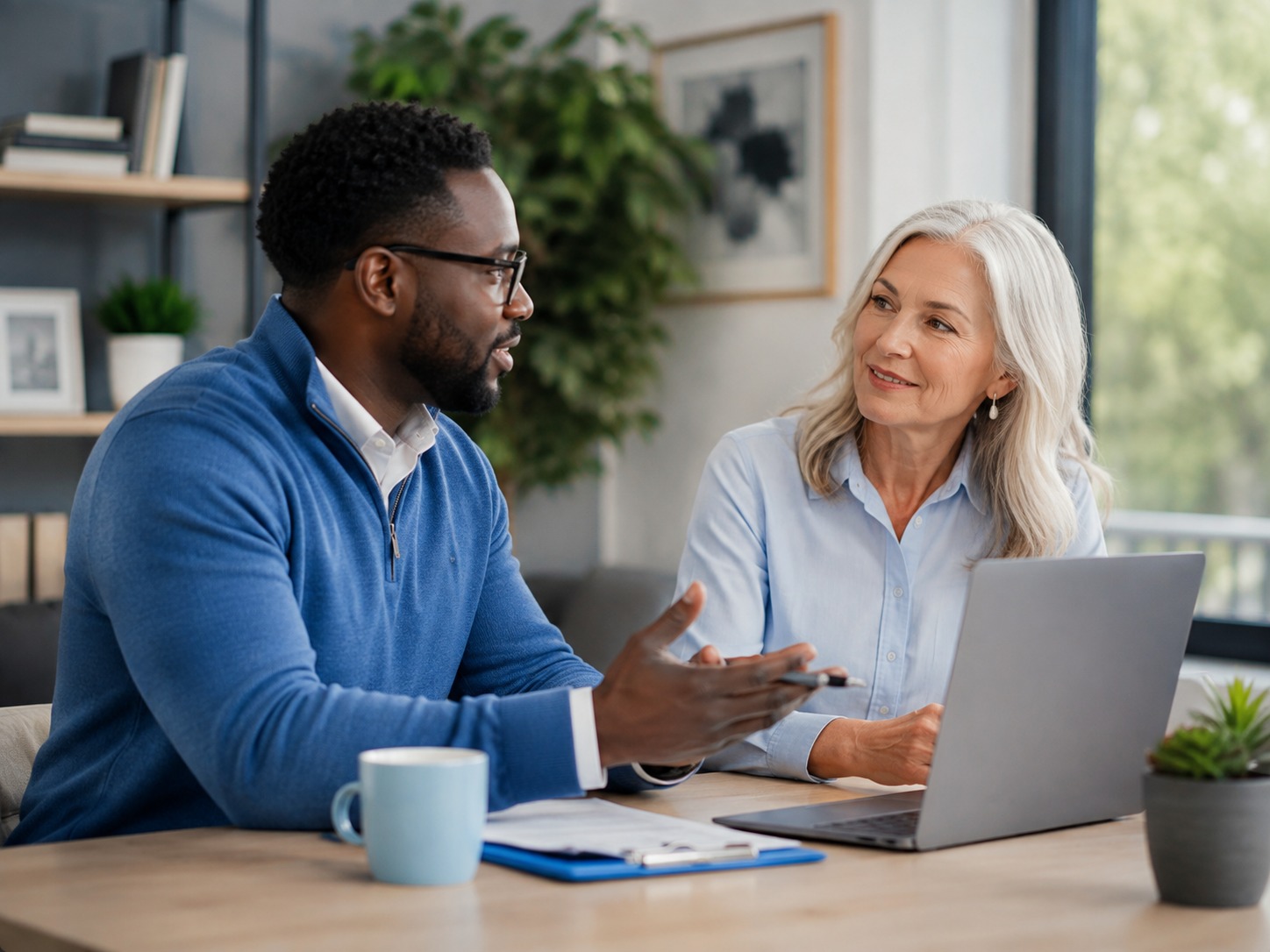 Two colleagues discussing work at a laptop