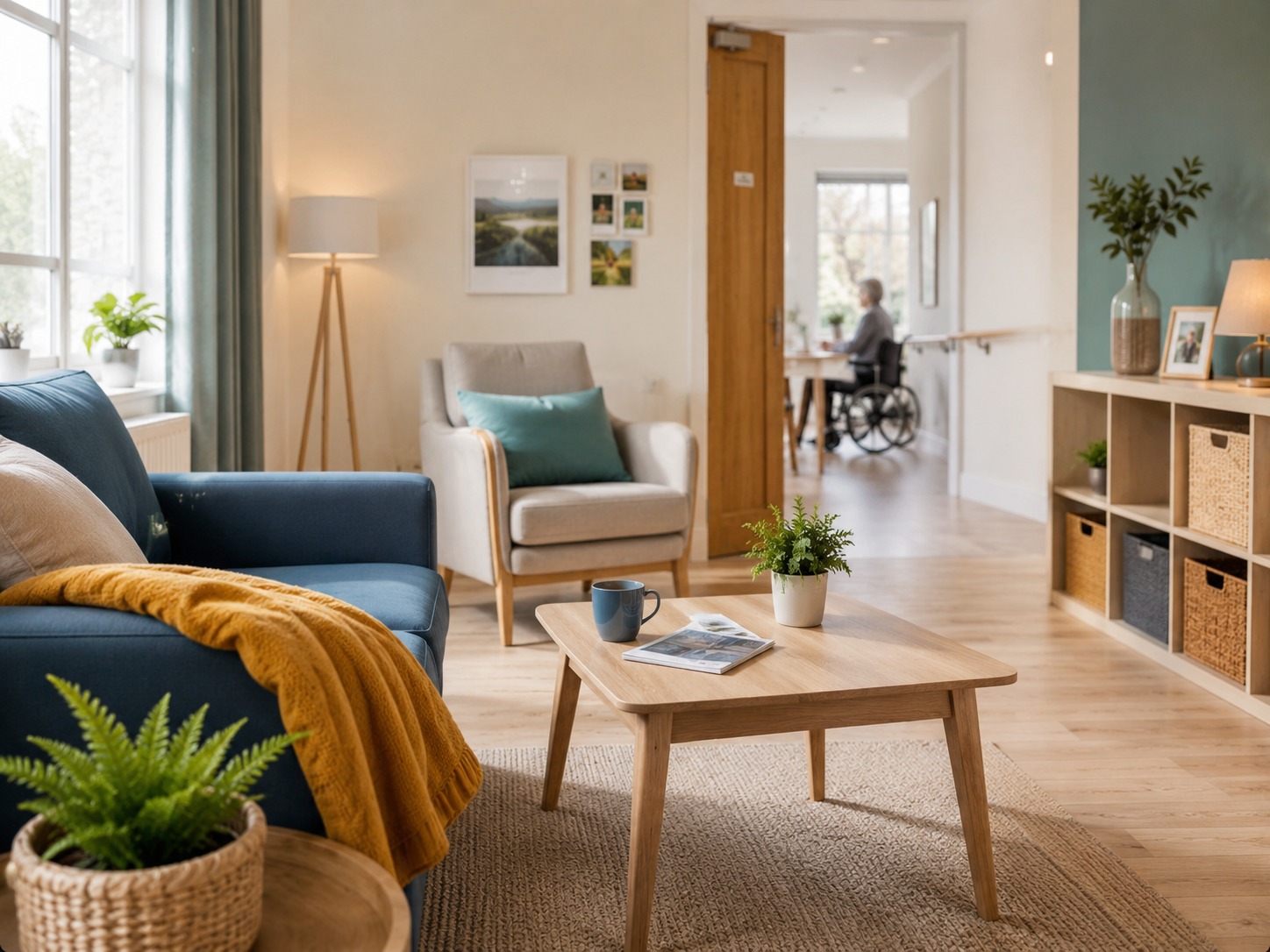 An accessible living room with a wheelchair user in the background