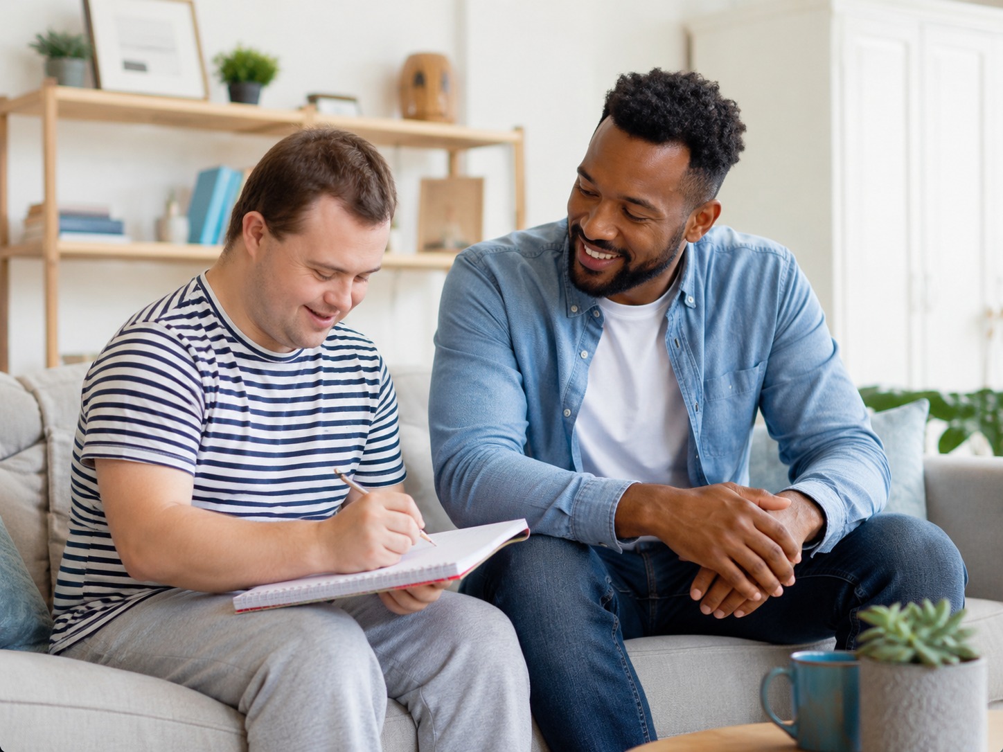 Two adults working together on a written activity in a living room