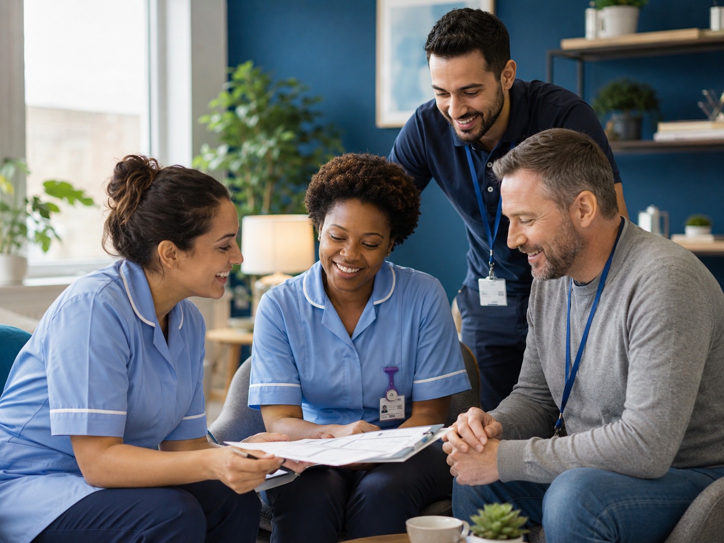 Care professionals discussing support together